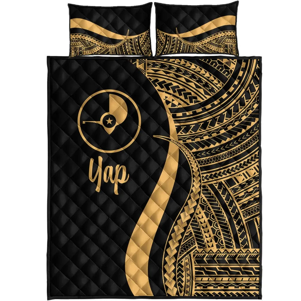 Yap Quilt Bed Set - Gold Polynesian Tentacle Tribal Pattern