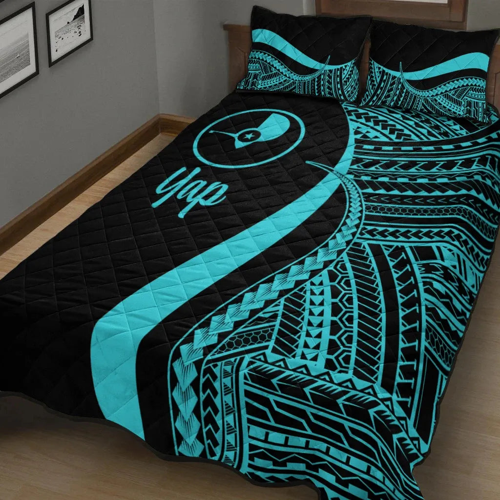Yap Quilt Bed Set - Turquoise Polynesian Tentacle Tribal Pattern