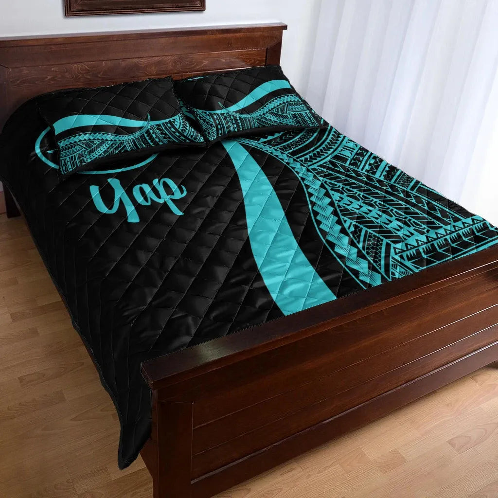 Yap Quilt Bed Set - Turquoise Polynesian Tentacle Tribal Pattern