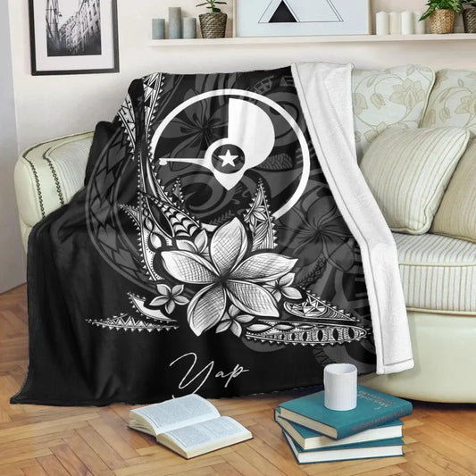 Yap State Premium Blanket - Fish With Plumeria Flowers Style