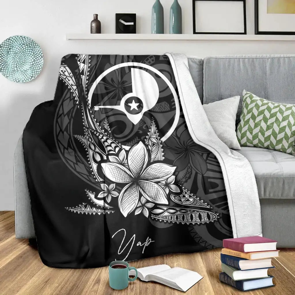 Yap State Premium Blanket - Fish With Plumeria Flowers Style