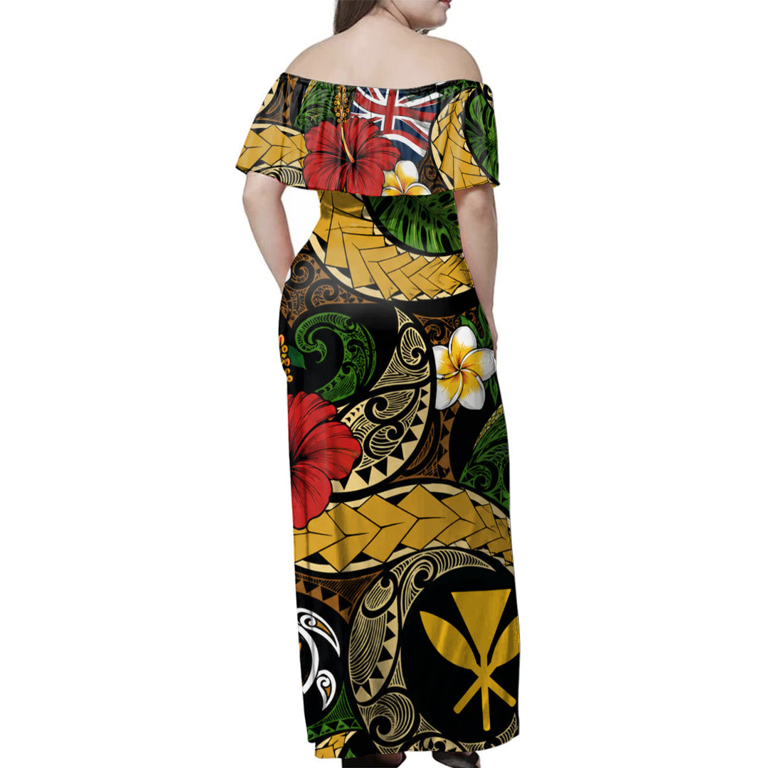 Hawaii  Woman Off Shoulder Long Dress Kanaka Maoli Flag Floral Tribal Style