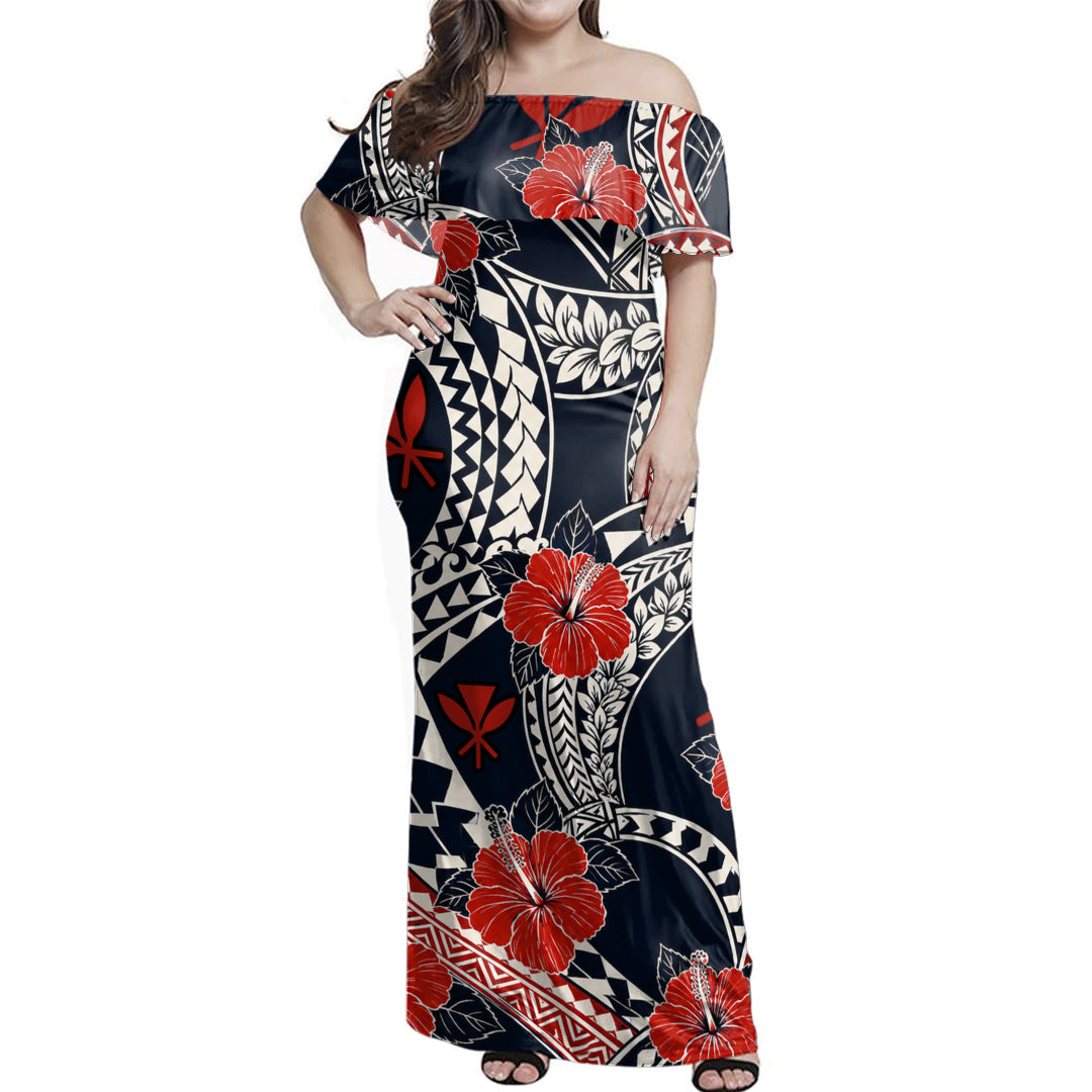 Hawaii  Woman Off Shoulder Long Dress Hibiscus Polynesian Pattern