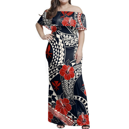 Hawaii  Woman Off Shoulder Long Dress Hibiscus Polynesian Pattern