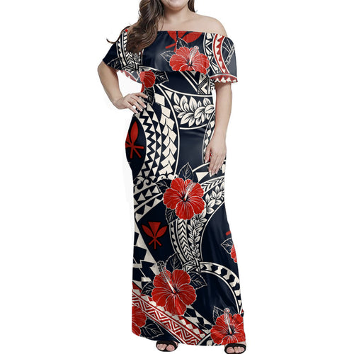 Hawaii  Woman Off Shoulder Long Dress Hibiscus Polynesian Pattern