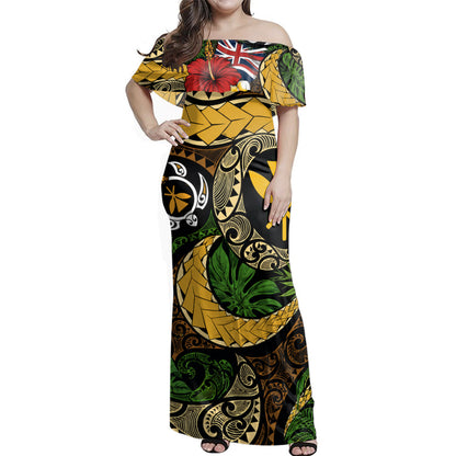Hawaii  Woman Off Shoulder Long Dress Kanaka Maoli Flag Floral Tribal Style