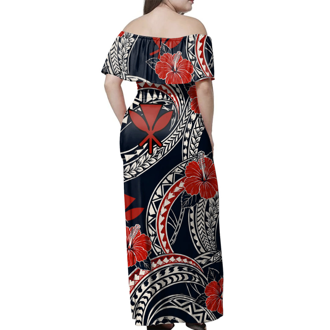 Hawaii  Woman Off Shoulder Long Dress Hibiscus Polynesian Pattern