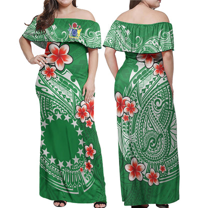 Cook Islands Off Shoulder Long Dress Plumeria Flowers Tribal Motif Design