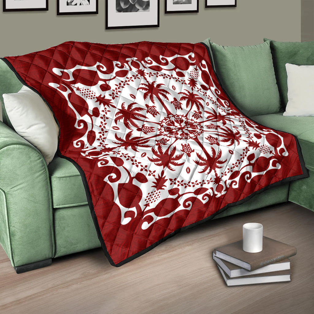 Hawaii Premium Quilt Red Hawaii Pattern Palm Trees and Turtles Polynesian