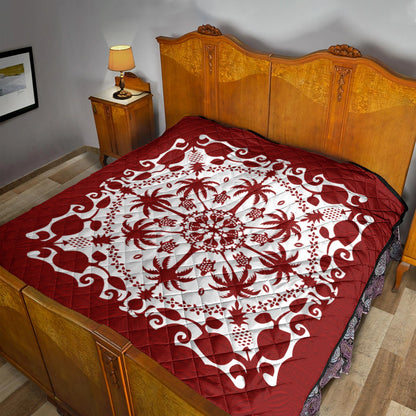 Hawaii Premium Quilt Red Hawaii Pattern Palm Trees and Turtles Polynesian