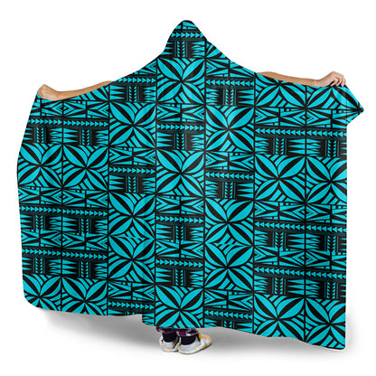 Samoa Hooded Blanket Design Stretch Print Fabric Turquoise