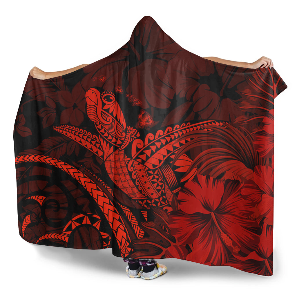 Hawaii Hooded Blanket Turtle Polynesian With Hibiscus Flower