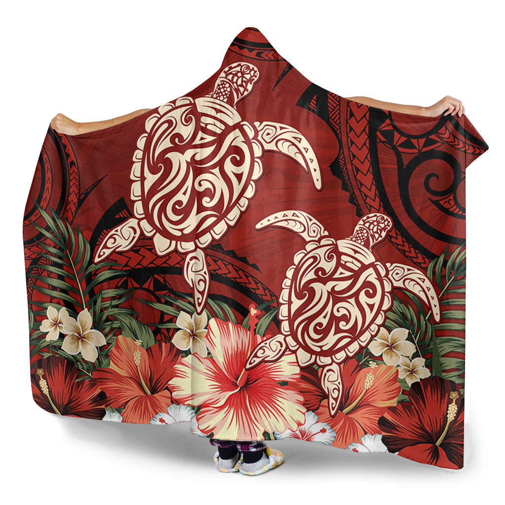 Hawaii Hooded Blanket Polynesia Turtle Drawing Tropical Flower