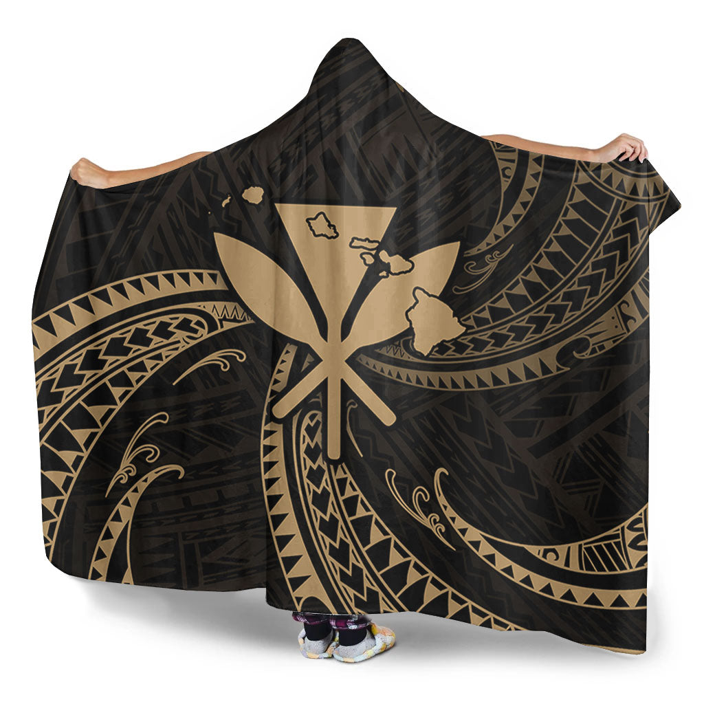 Hawaii Hooded Blanket Kanaka Map Tribal Wave