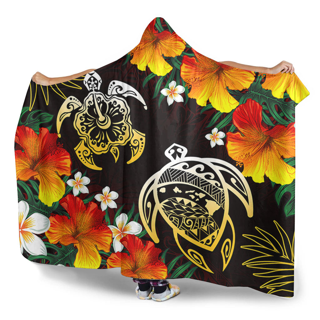 Hawaii Hooded Blanket Polynesian Tribal Floral Turtle