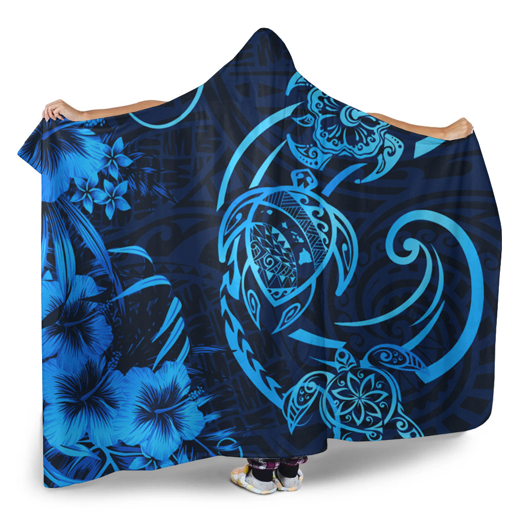 Hawaii Hooded Blanket Hibiscus Flower And Map On The Back Turtle