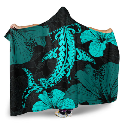Hawaii Hooded Blanket Hammerhead Shark Hibiscus Flower