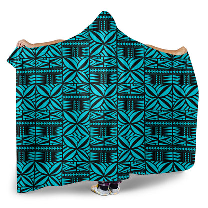 Samoa Hooded Blanket Design Stretch Print Fabric Turquoise
