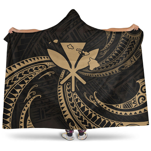 Hawaii Hooded Blanket Kanaka Map Tribal Wave