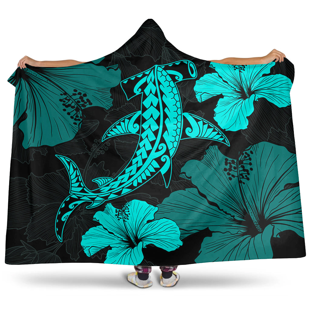 Hawaii Hooded Blanket Hammerhead Shark Hibiscus Flower