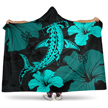 Hawaii Hooded Blanket Hammerhead Shark Hibiscus Flower