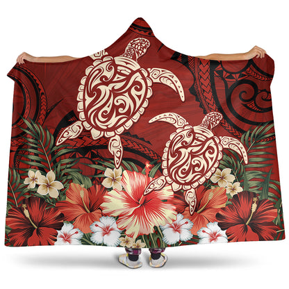 Hawaii Hooded Blanket Polynesia Turtle Drawing Tropical Flower