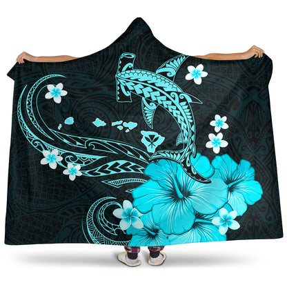 Hawaii Hooded Blanket Kanaka Map And Shark Tribal Tattoo Turquoise