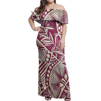 Polynesian Woman Off Shoulder Long Dress - Polynesian Pattern 12