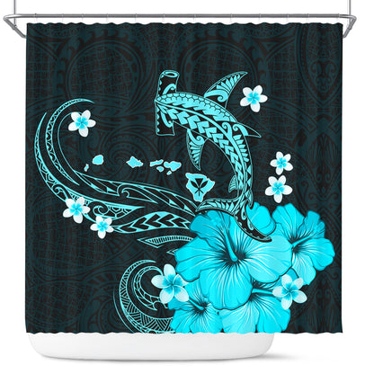 Hawaii Shower Curtain Kanaka Map And Shark Tribal Tattoo Turquoise