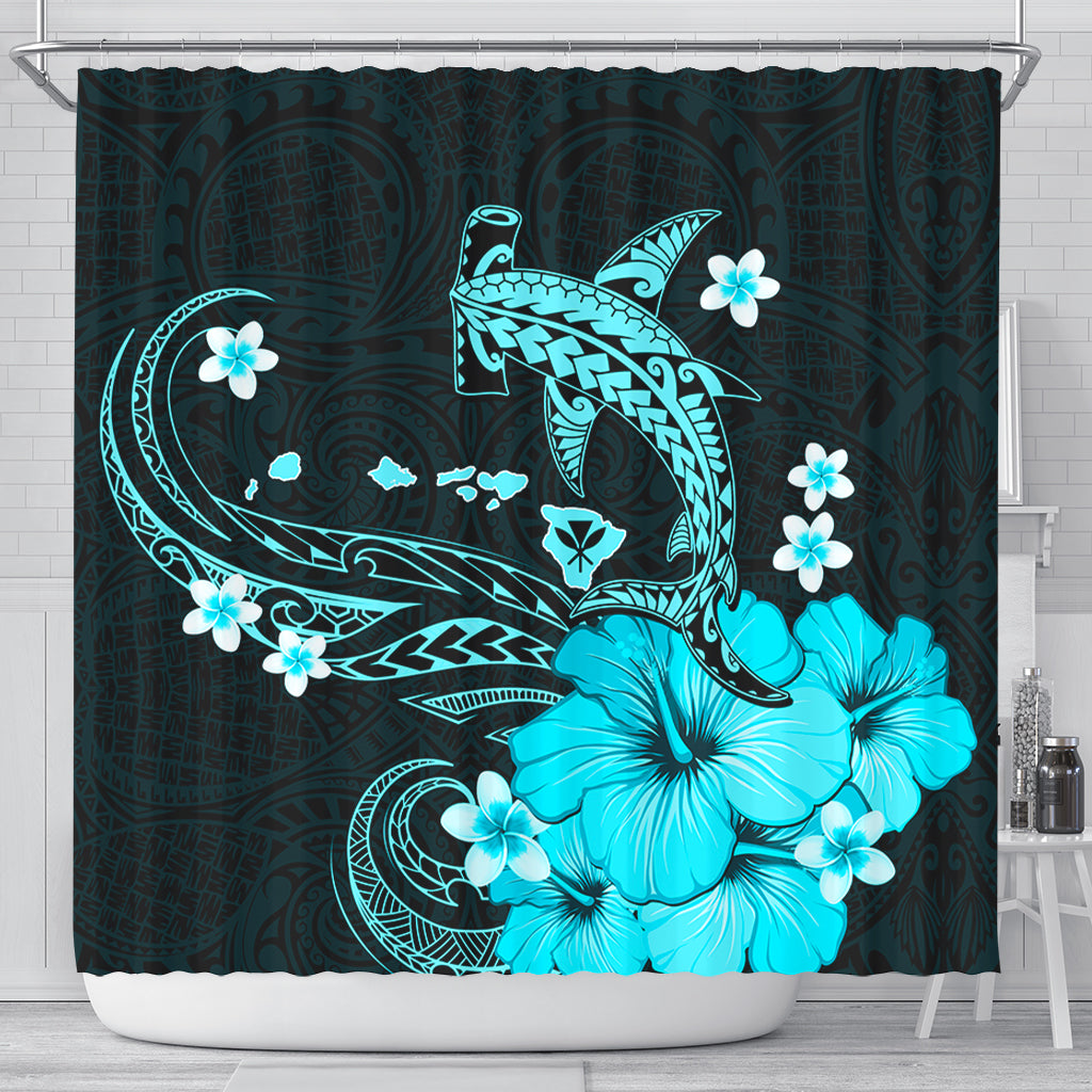 Hawaii Shower Curtain Kanaka Map And Shark Tribal Tattoo Turquoise