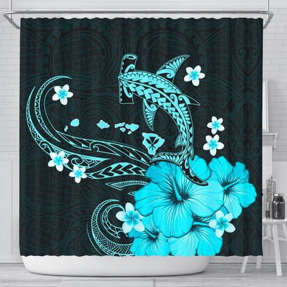 Hawaii Shower Curtain Kanaka Map And Shark Tribal Tattoo Turquoise