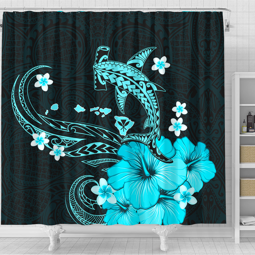 Hawaii Shower Curtain Kanaka Map And Shark Tribal Tattoo Turquoise