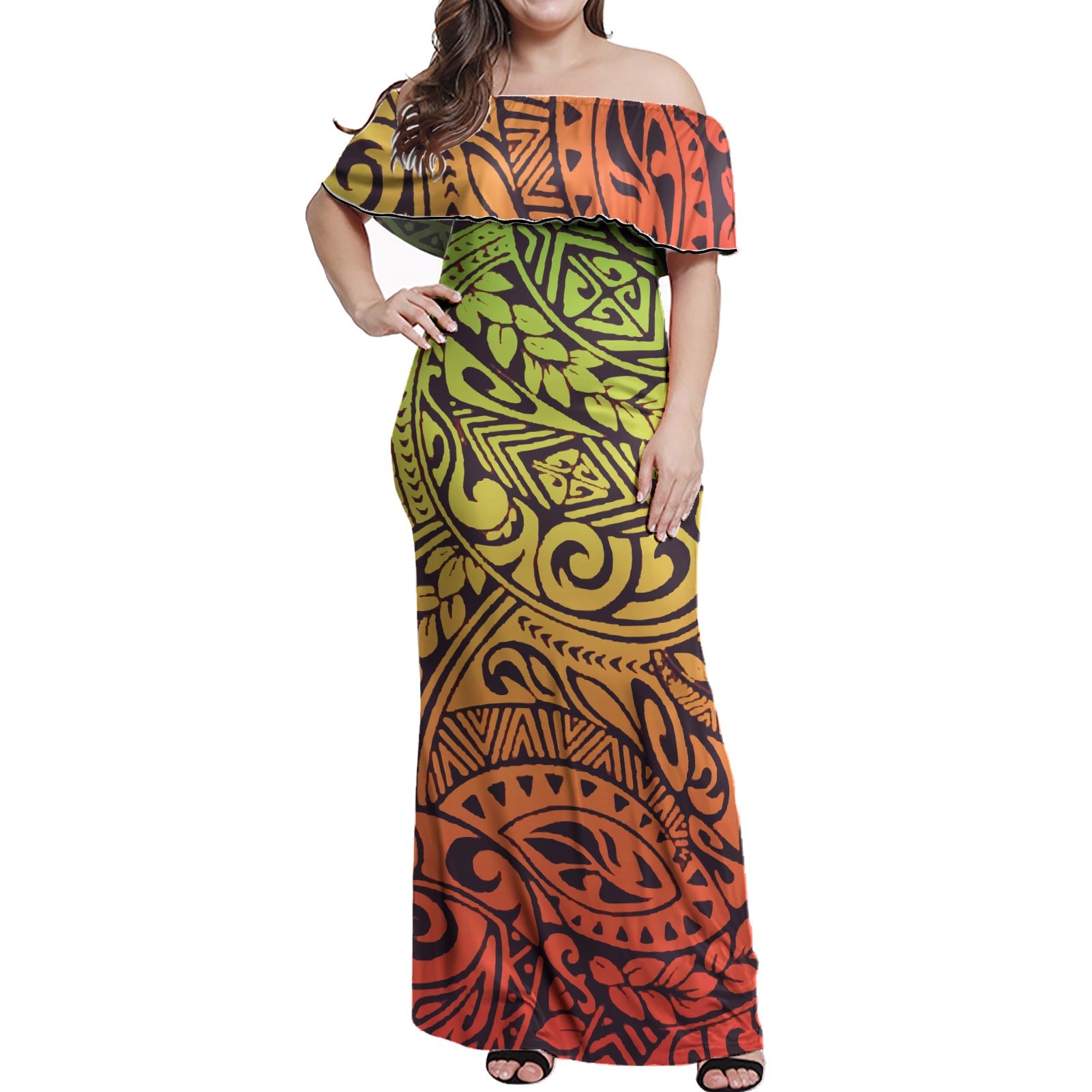 Polynesian Woman Off Shoulder Long Dress - Polynesian Pattern 14
