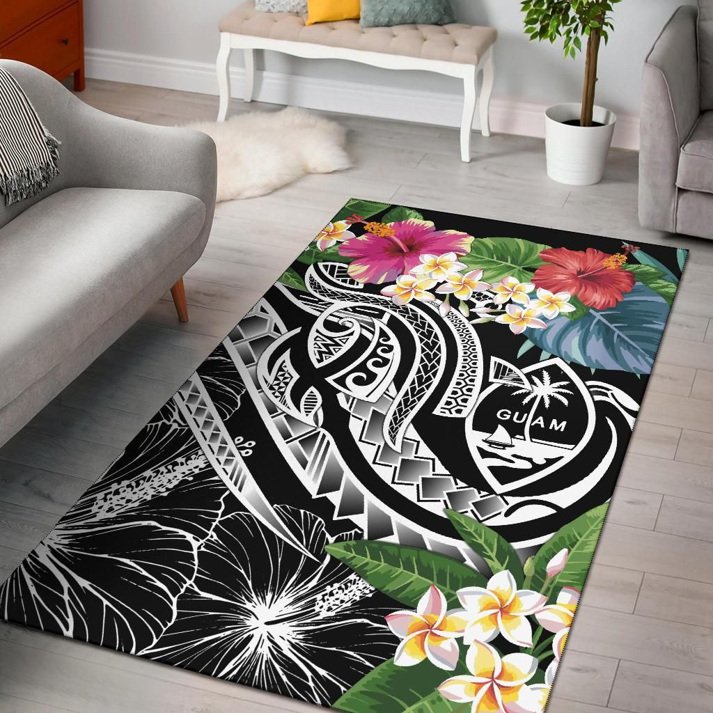 Guam Polynesian Area Rug - Summer Plumeria (Black)