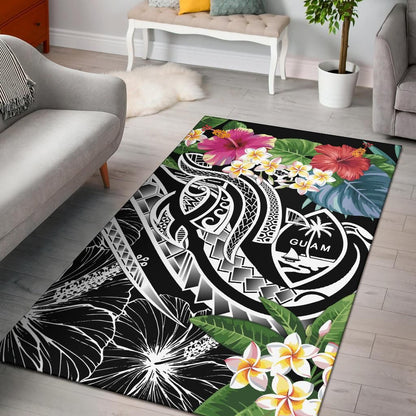 Guam Polynesian Area Rug - Summer Plumeria (Black)