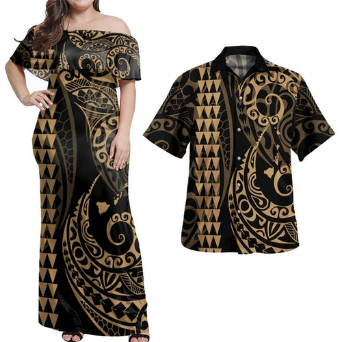 Hawaii Polynesian Combo Dress And Shirt Hawaiian Map Kakau Style Golden