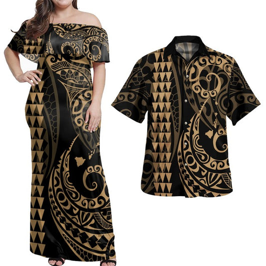Hawaii Polynesian Combo Dress And Shirt Hawaiian Map Kakau Style Golden