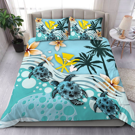 Hawaii Bedding Set Kanaka Maoli Turte Blue Hibiscus