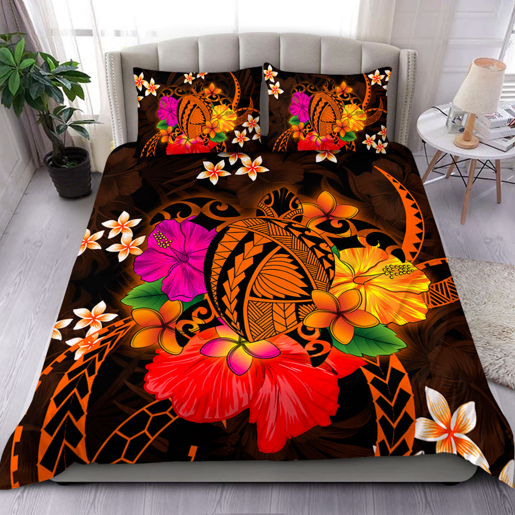 Hawaii Bedding Set Polynesia Tribal Turtle Tropical Flower