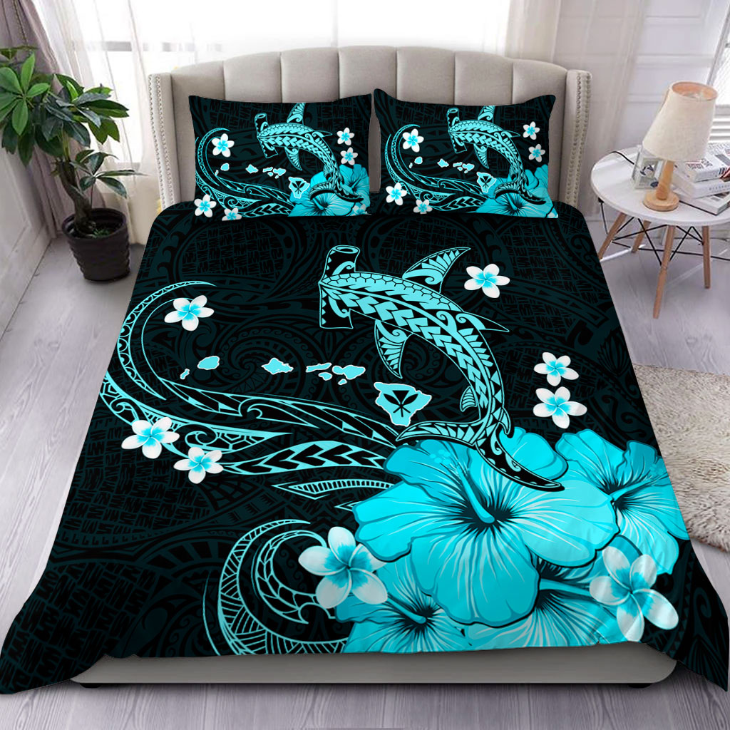 Hawaii Bedding Set Kanaka Map And Shark Tribal Tattoo Turquoise