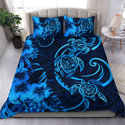 Hawaii Bedding Set Hibiscus Flower And Map On The Back Turtle