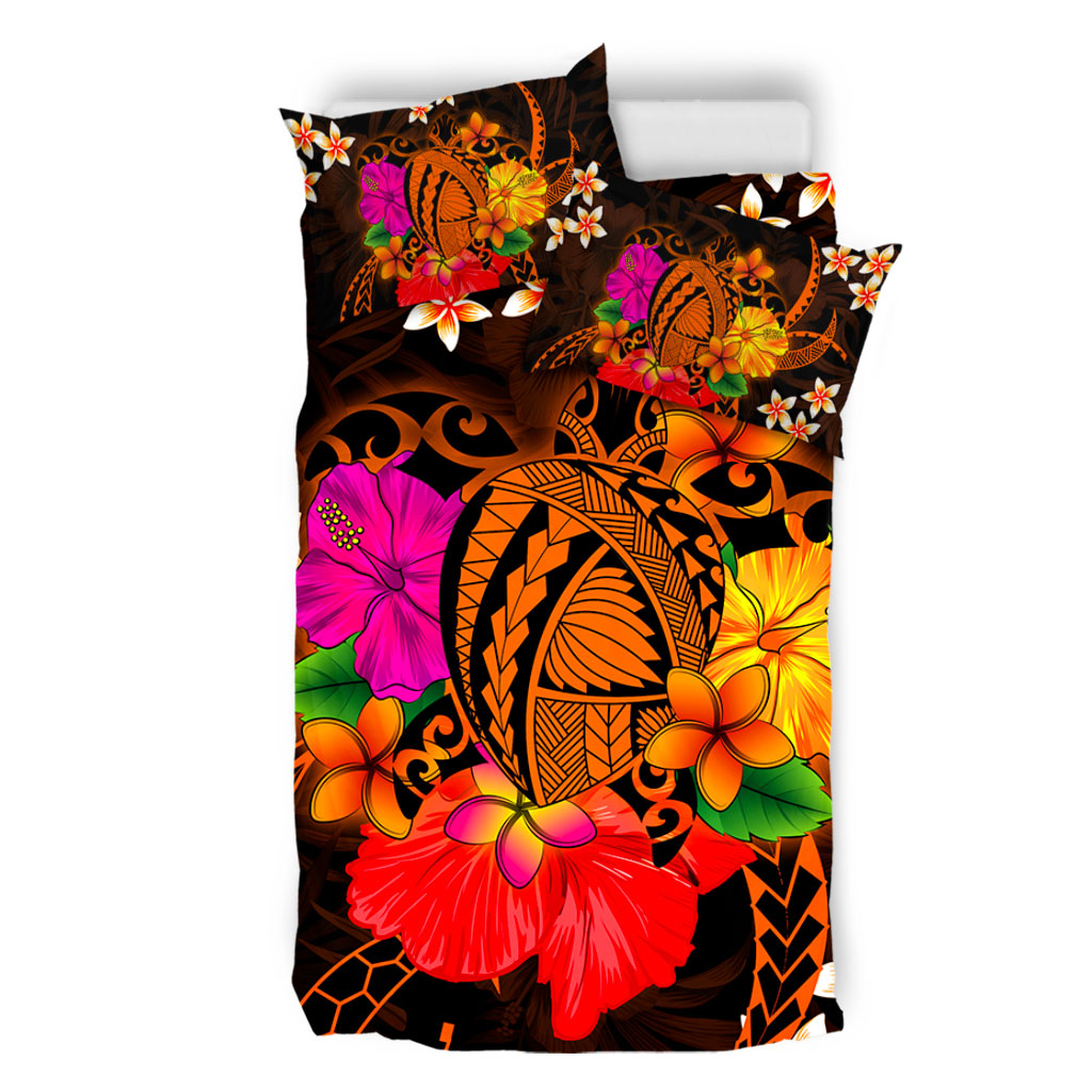 Hawaii Bedding Set Polynesia Tribal Turtle Tropical Flower