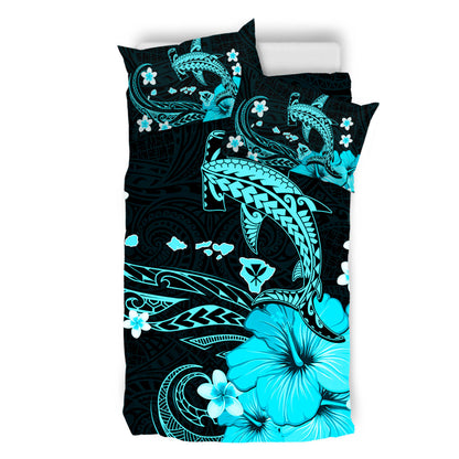 Hawaii Bedding Set Kanaka Map And Shark Tribal Tattoo Turquoise