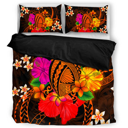 Hawaii Bedding Set Polynesia Tribal Turtle Tropical Flower