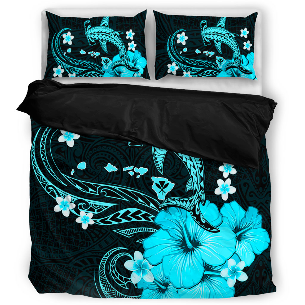 Hawaii Bedding Set Kanaka Map And Shark Tribal Tattoo Turquoise