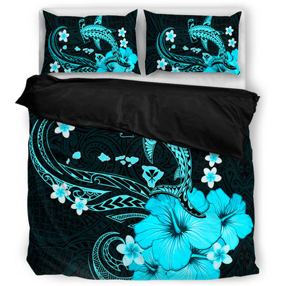 Hawaii Bedding Set Kanaka Map And Shark Tribal Tattoo Turquoise