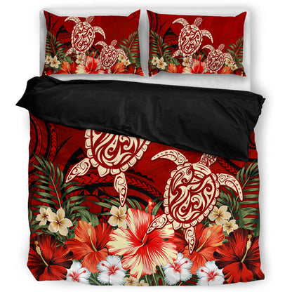 Hawaii Bedding Set Polynesia Turtle Drawing Tropical Flower