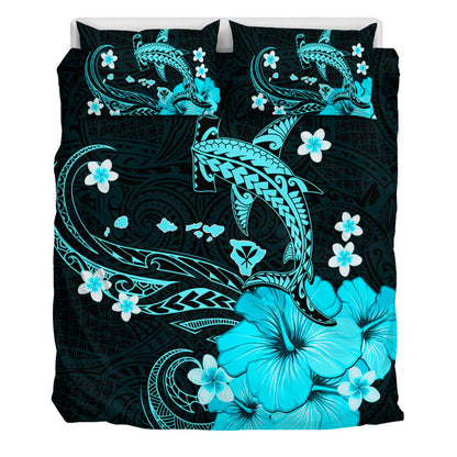 Hawaii Bedding Set Kanaka Map And Shark Tribal Tattoo Turquoise