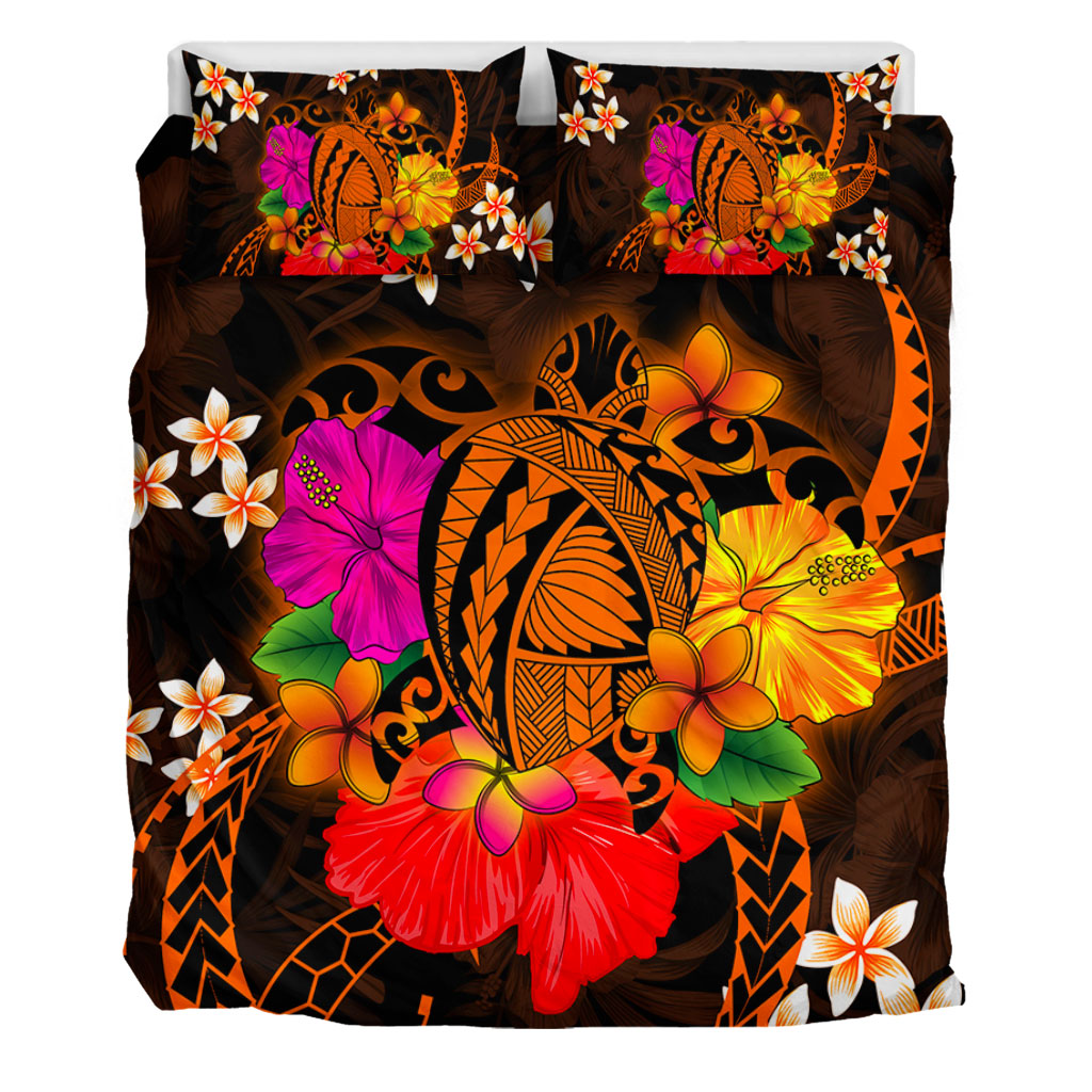 Hawaii Bedding Set Polynesia Tribal Turtle Tropical Flower