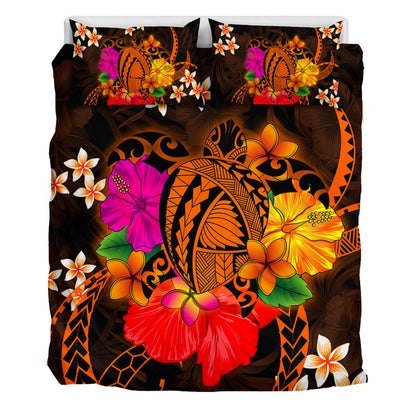 Hawaii Bedding Set Polynesia Tribal Turtle Tropical Flower